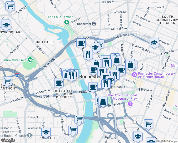 map of restaurants, bars, coffee shops, grocery stores, and more near 26 Saint Paul Street in Rochester