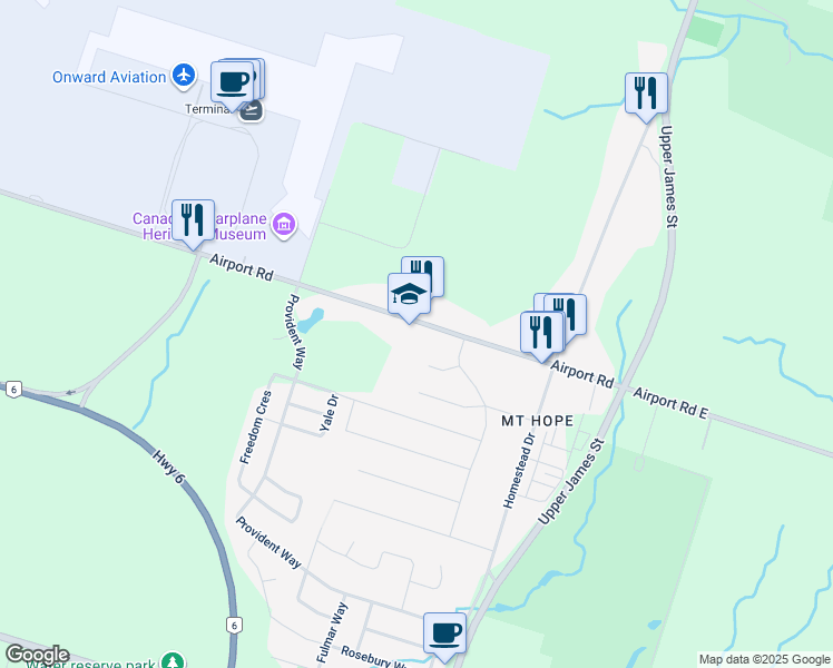map of restaurants, bars, coffee shops, grocery stores, and more near 9113 Airport Road in Hamilton