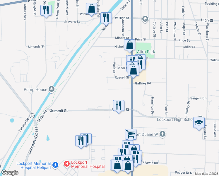 map of restaurants, bars, coffee shops, grocery stores, and more near 111 Bridlewood Drive in Lockport