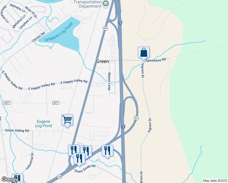 map of restaurants, bars, coffee shops, grocery stores, and more near 31 Manor Loop in Roseburg