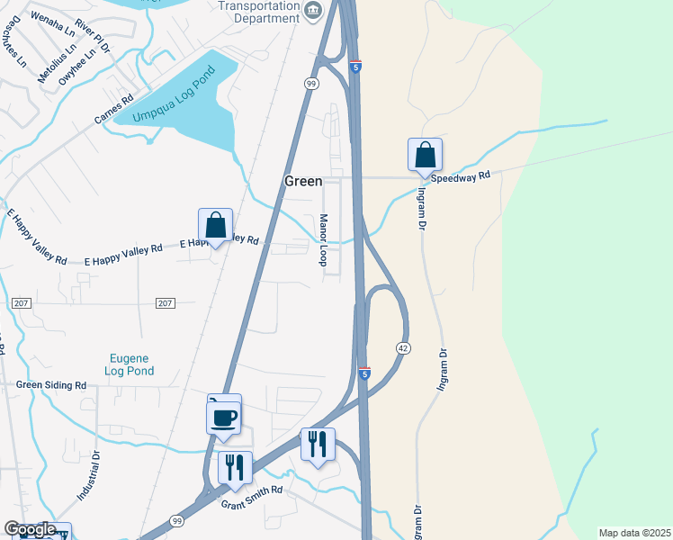 map of restaurants, bars, coffee shops, grocery stores, and more near 31 Manor Loop in Roseburg
