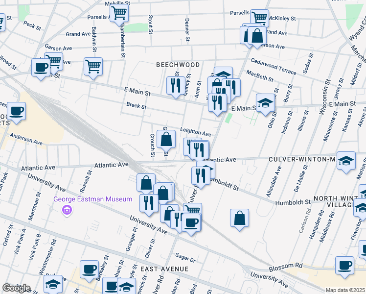 map of restaurants, bars, coffee shops, grocery stores, and more near 72 Mayberry Street in Rochester