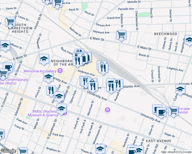 map of restaurants, bars, coffee shops, grocery stores, and more near 376 Goodman Street North in Rochester