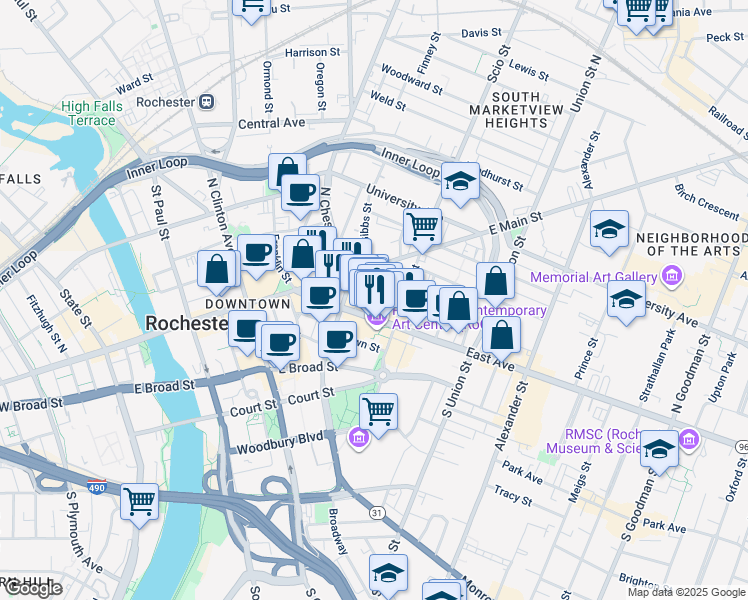 map of restaurants, bars, coffee shops, grocery stores, and more near East Main Street in Rochester