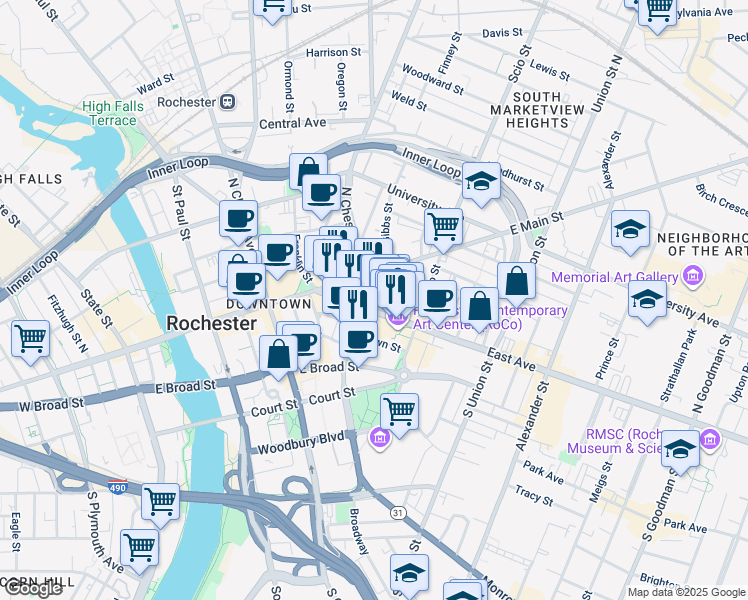 map of restaurants, bars, coffee shops, grocery stores, and more near 39 North Chestnut Street in Rochester