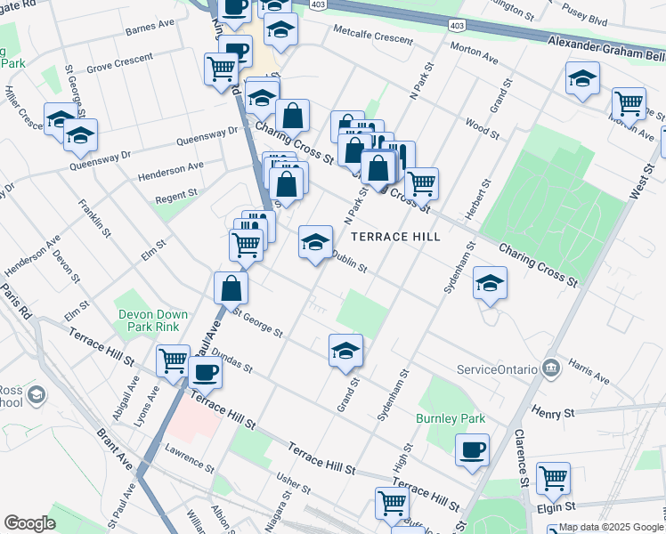 map of restaurants, bars, coffee shops, grocery stores, and more near 66 North Park Street in Brantford