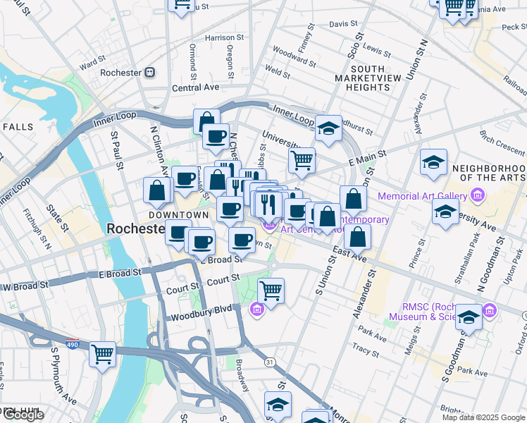 map of restaurants, bars, coffee shops, grocery stores, and more near Barrett Alley in Rochester