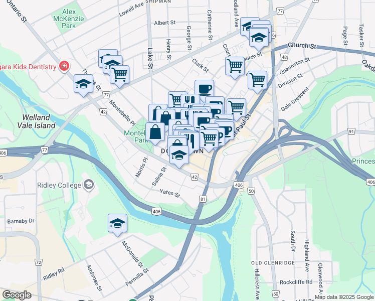 map of restaurants, bars, coffee shops, grocery stores, and more near in St. Catharines