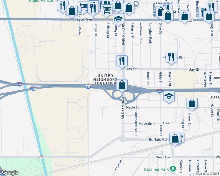 map of restaurants, bars, coffee shops, grocery stores, and more near 50 Riddle Street in Rochester