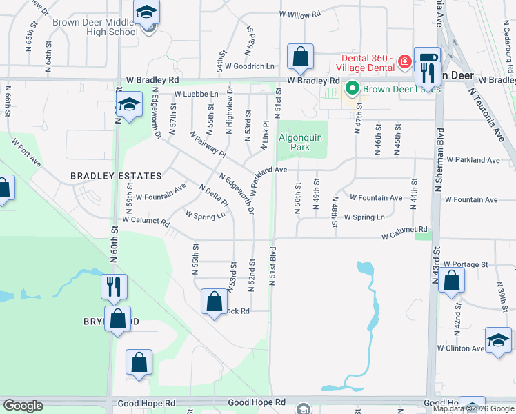 map of restaurants, bars, coffee shops, grocery stores, and more near 7666 North Edgeworth Drive in Milwaukee