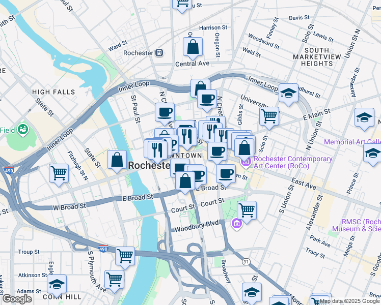 map of restaurants, bars, coffee shops, grocery stores, and more near 238 East Main Street in Rochester