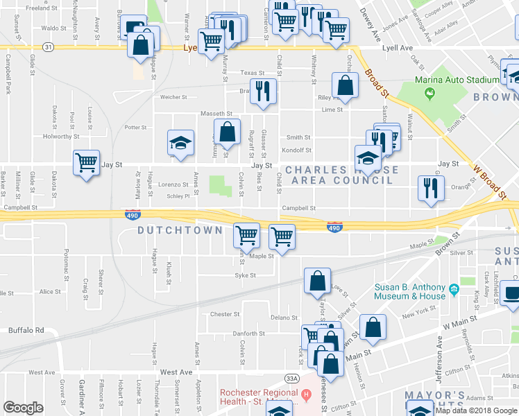 map of restaurants, bars, coffee shops, grocery stores, and more near Campbell St & Ries St in Rochester