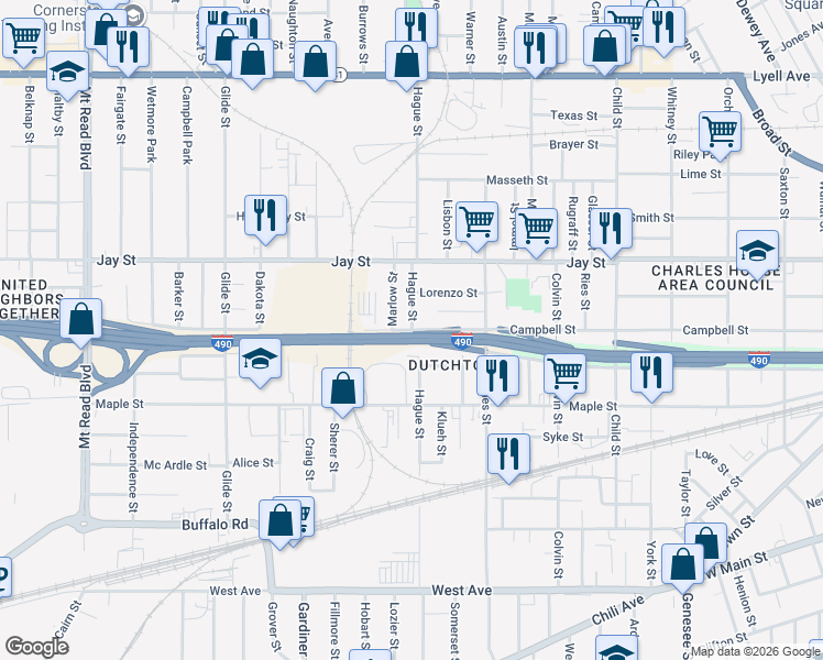 map of restaurants, bars, coffee shops, grocery stores, and more near Campbell St & Hague St in Rochester