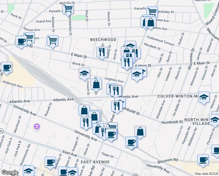 map of restaurants, bars, coffee shops, grocery stores, and more near 72 Mayberry Street in Rochester