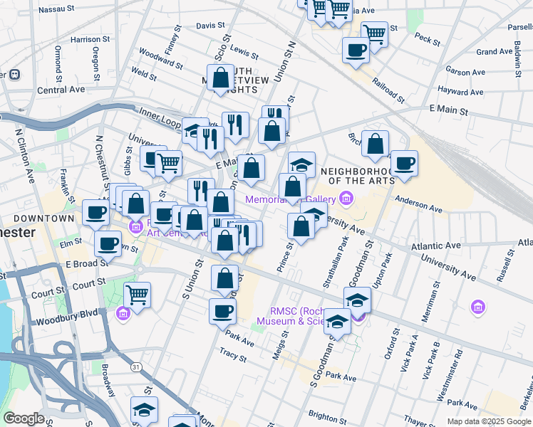 map of restaurants, bars, coffee shops, grocery stores, and more near 365 University Avenue in Rochester