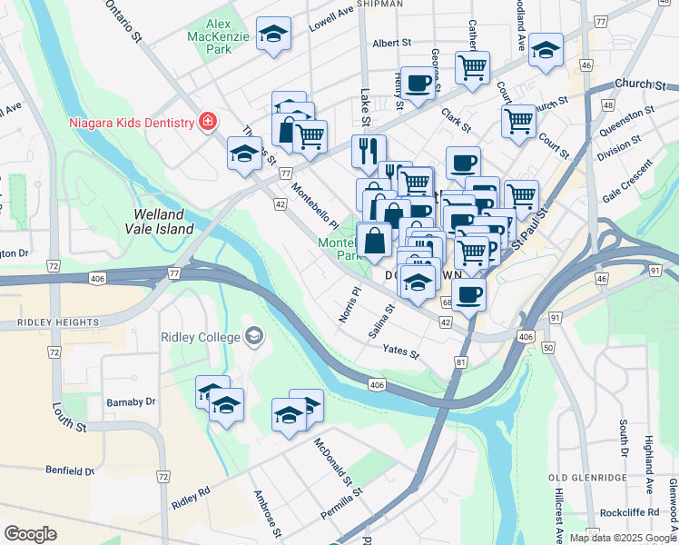 map of restaurants, bars, coffee shops, grocery stores, and more near 137 Ontario Street in St. Catharines