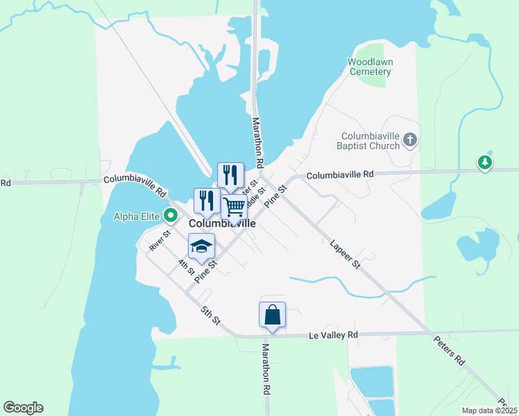 map of restaurants, bars, coffee shops, grocery stores, and more near 4526 Pine Street in Columbiaville