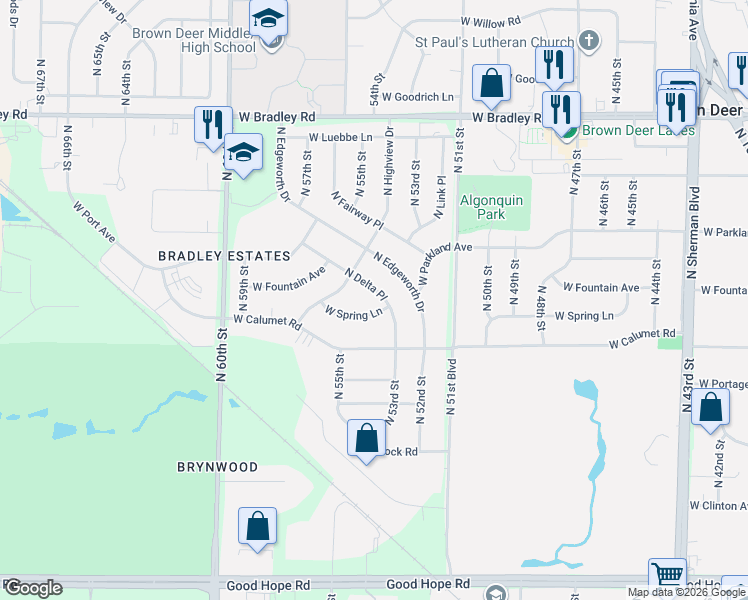 map of restaurants, bars, coffee shops, grocery stores, and more near 7664 North Delta Place in Milwaukee