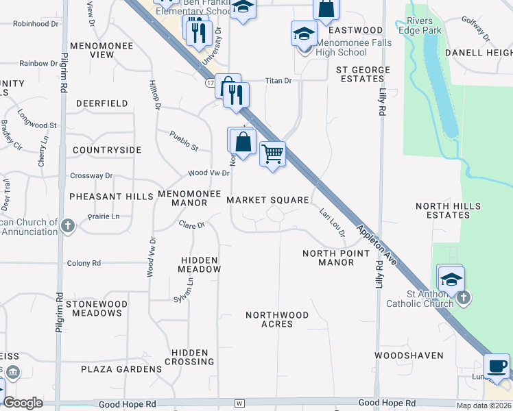 map of restaurants, bars, coffee shops, grocery stores, and more near N76W14545 Market Dr in Menomonee Falls