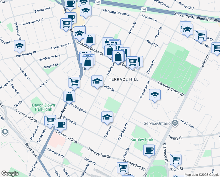 map of restaurants, bars, coffee shops, grocery stores, and more near Dublin Street in Brantford