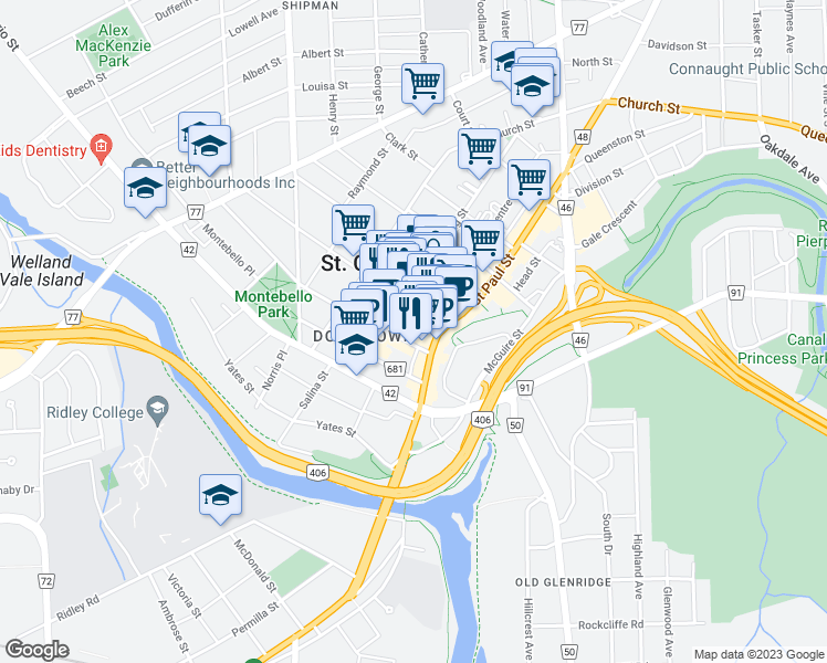 map of restaurants, bars, coffee shops, grocery stores, and more near 5 Helliwell's Lane in St. Catharines