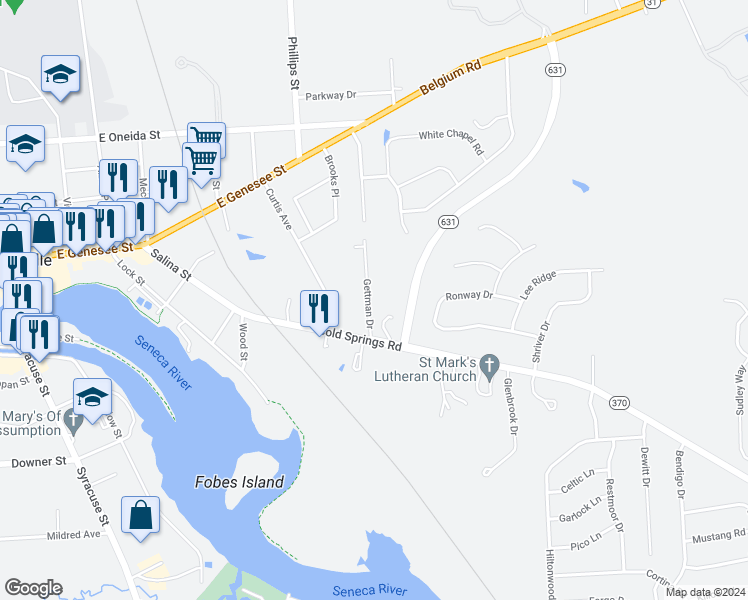 map of restaurants, bars, coffee shops, grocery stores, and more near 18 Gettman Drive in Baldwinsville