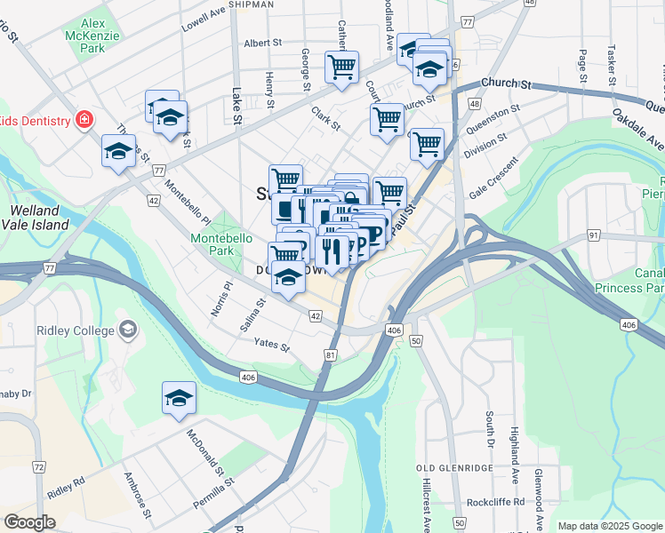map of restaurants, bars, coffee shops, grocery stores, and more near 80 King Street in St. Catharines