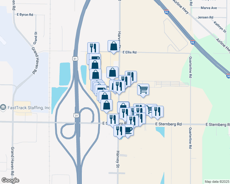 map of restaurants, bars, coffee shops, grocery stores, and more near 5217 Harvey Street in Norton Shores