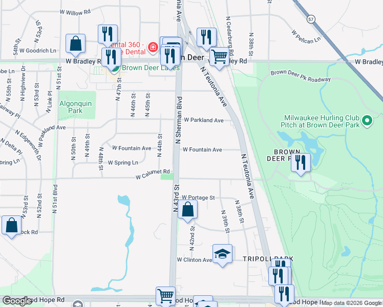 map of restaurants, bars, coffee shops, grocery stores, and more near 7710 North Sherman Boulevard in Brown Deer