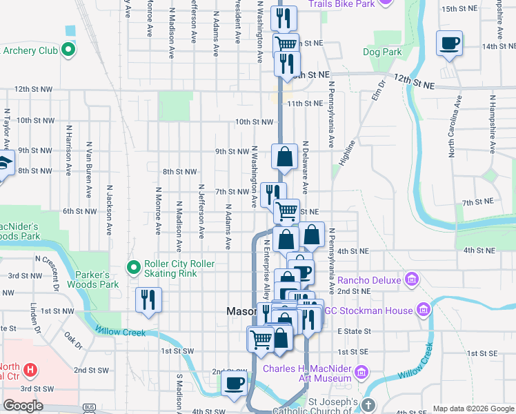 map of restaurants, bars, coffee shops, grocery stores, and more near in Mason City