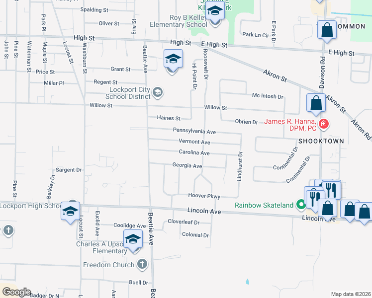 map of restaurants, bars, coffee shops, grocery stores, and more near 37 Carolina Avenue in Lockport