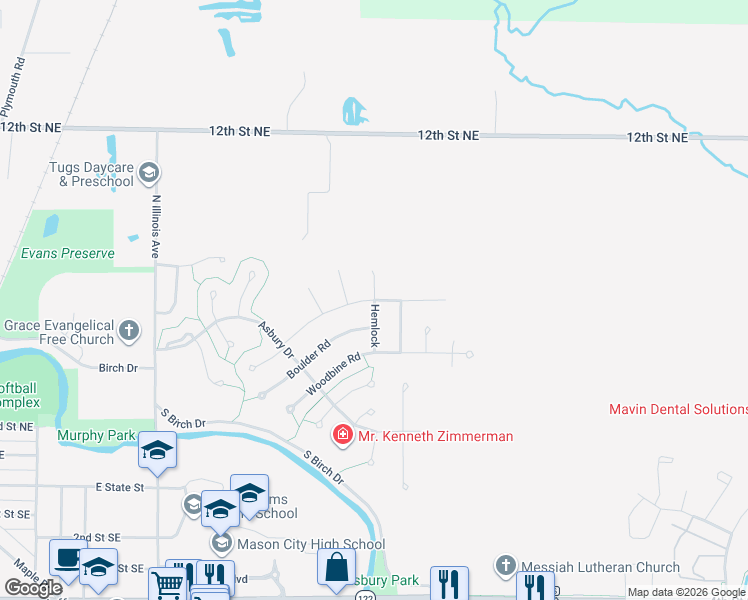 map of restaurants, bars, coffee shops, grocery stores, and more near Hemlock in Mason City
