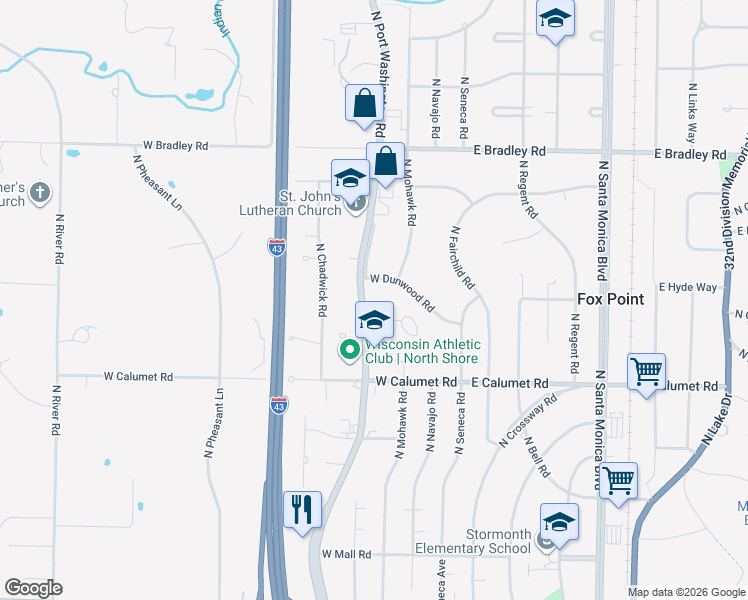 map of restaurants, bars, coffee shops, grocery stores, and more near 7770 North Port Washington Road in Fox Point