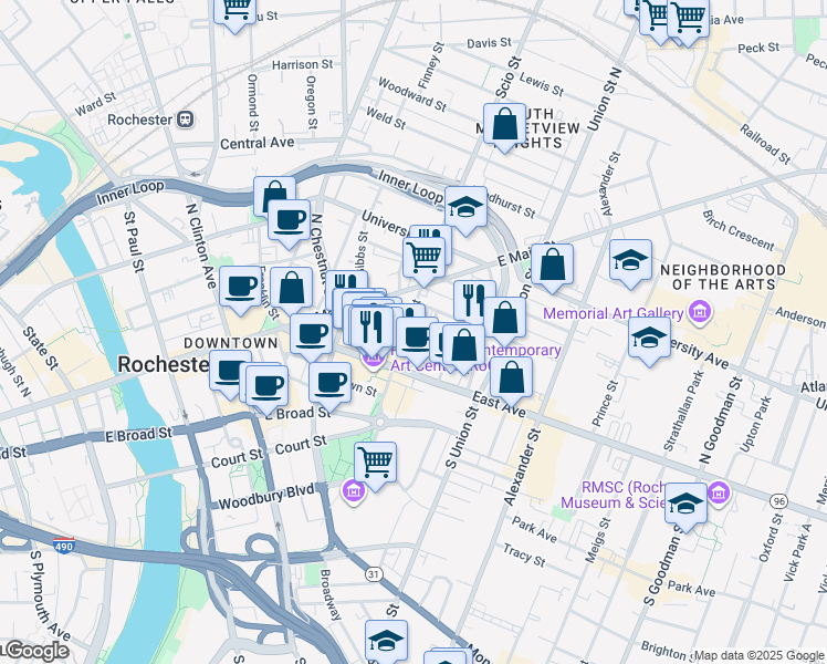 map of restaurants, bars, coffee shops, grocery stores, and more near 74 Scio Street in Rochester