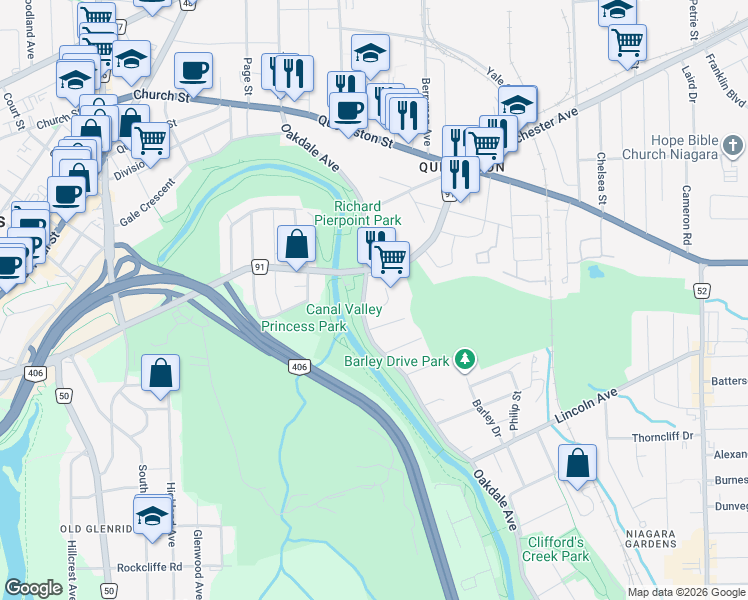map of restaurants, bars, coffee shops, grocery stores, and more near in St. Catharines