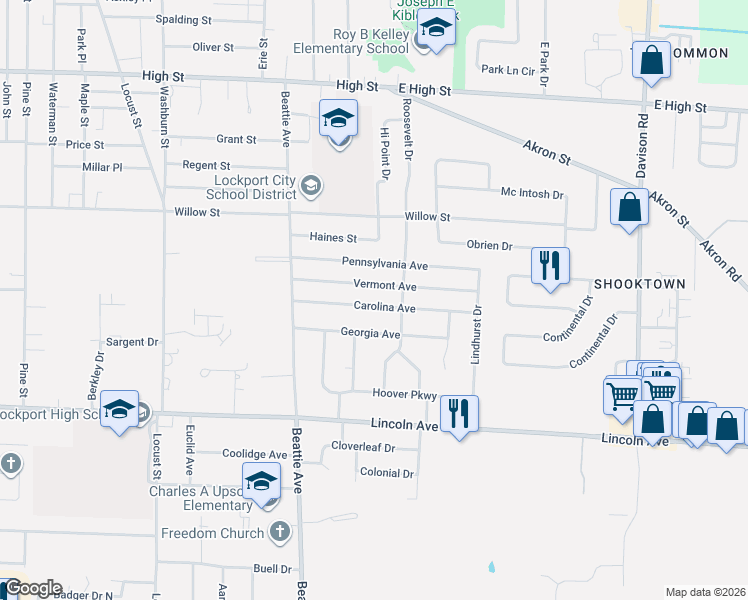 map of restaurants, bars, coffee shops, grocery stores, and more near 47 Vermont Avenue in Lockport