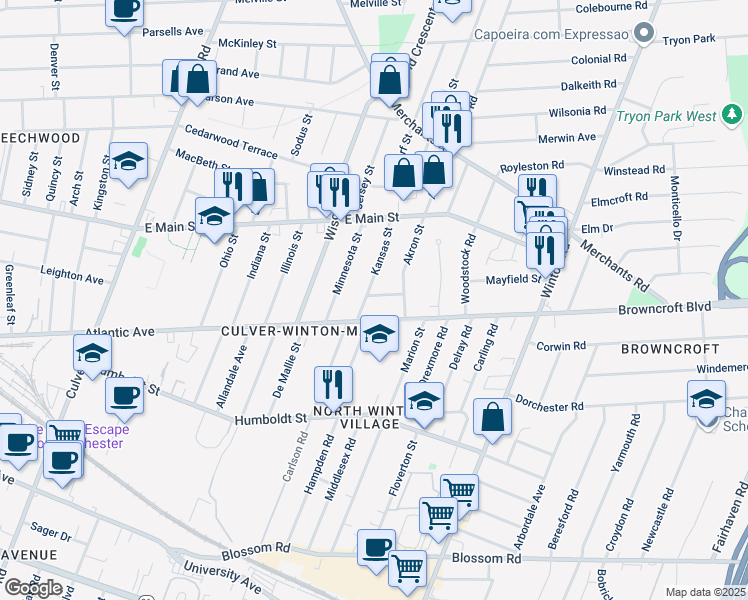 map of restaurants, bars, coffee shops, grocery stores, and more near 64 Kansas Street in Rochester