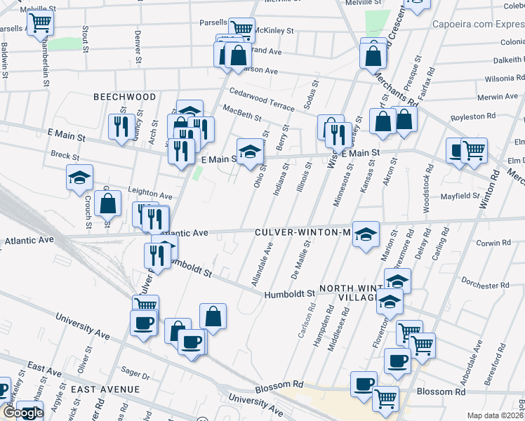 map of restaurants, bars, coffee shops, grocery stores, and more near 59 Indiana Street in Rochester