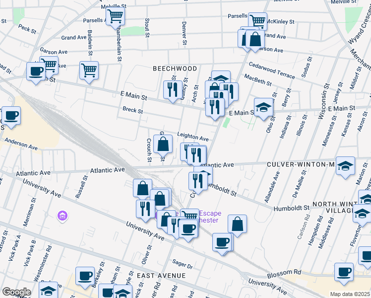 map of restaurants, bars, coffee shops, grocery stores, and more near 72 Mayberry Street in Rochester