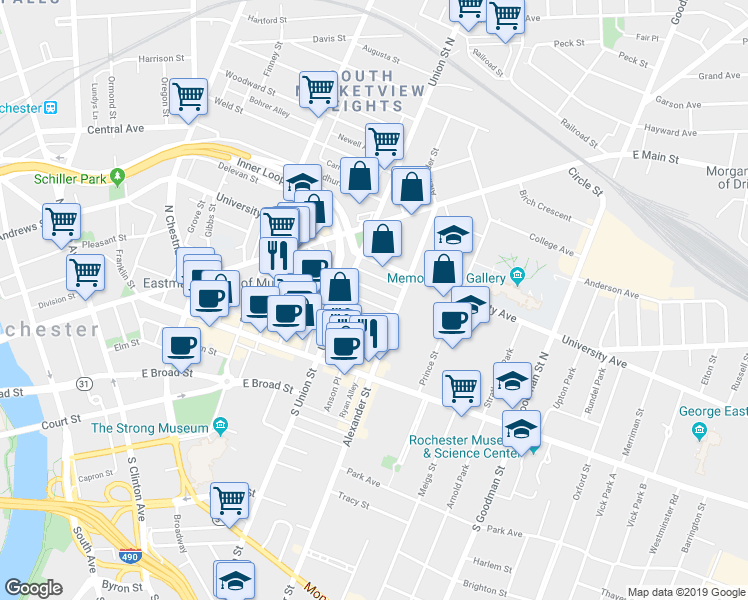 map of restaurants, bars, coffee shops, grocery stores, and more near 68 Union Street in Rochester