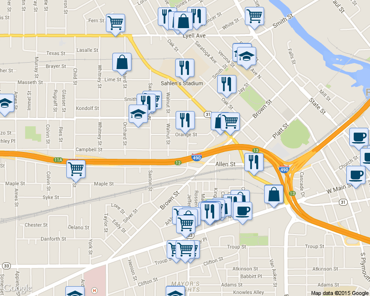 map of restaurants, bars, coffee shops, grocery stores, and more near in Rochester