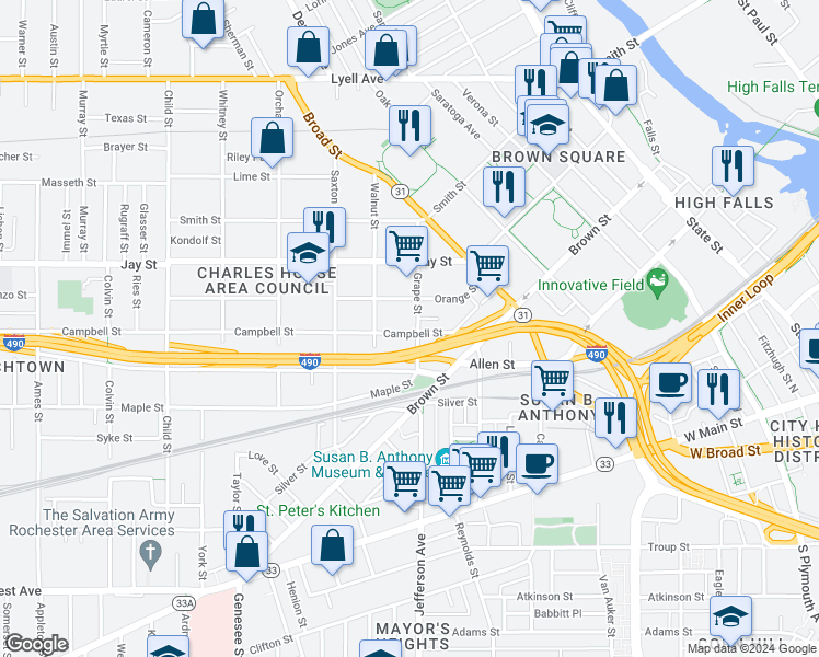map of restaurants, bars, coffee shops, grocery stores, and more near 123 Orange Street in Rochester