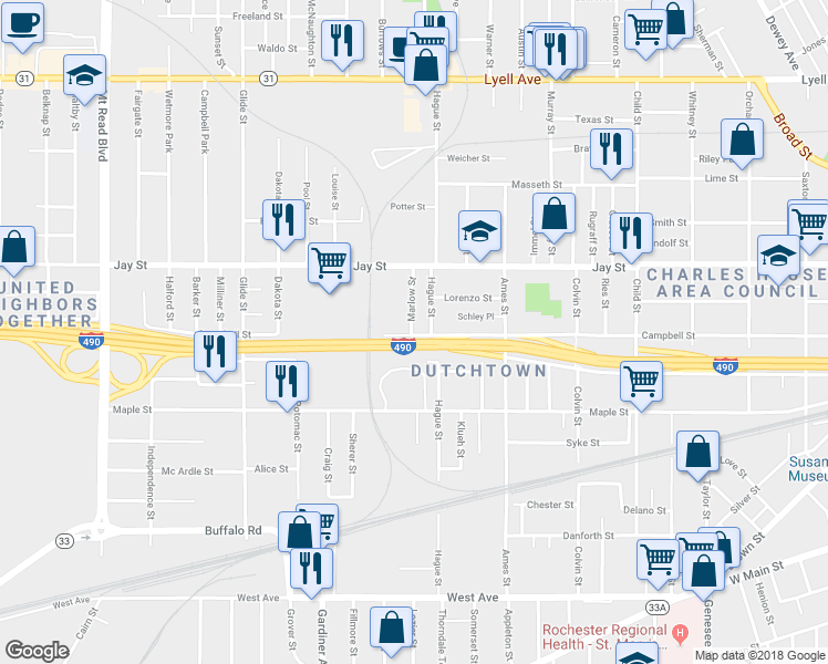 map of restaurants, bars, coffee shops, grocery stores, and more near 11 Marlow Street in Rochester