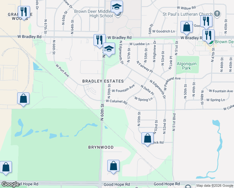 map of restaurants, bars, coffee shops, grocery stores, and more near 5724 West Fountain Avenue in Milwaukee