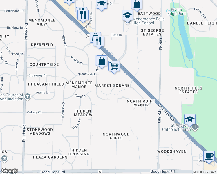 map of restaurants, bars, coffee shops, grocery stores, and more near N76W14545 Market Dr in Menomonee Falls