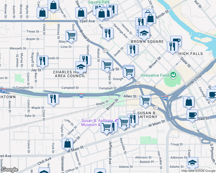 map of restaurants, bars, coffee shops, grocery stores, and more near 31 Grape Street in Rochester