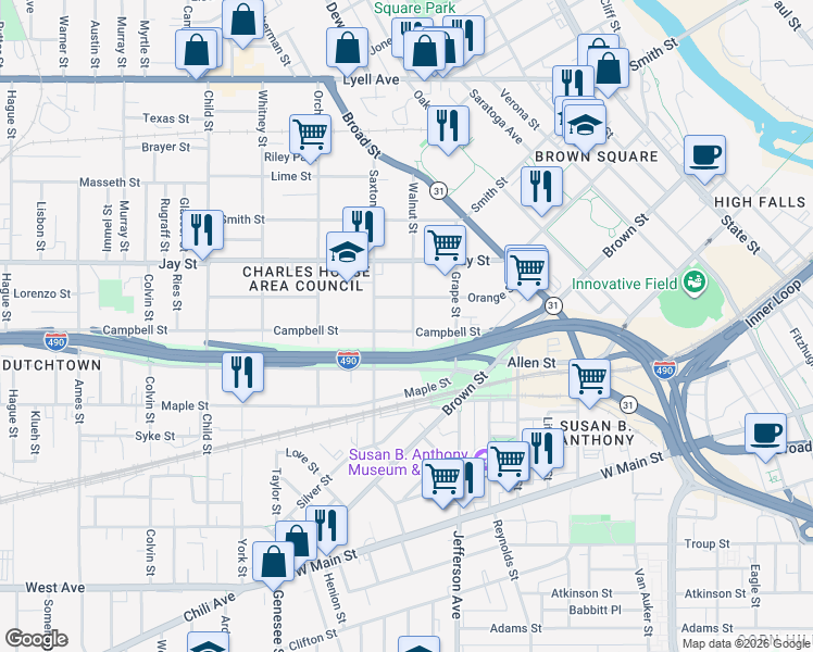 map of restaurants, bars, coffee shops, grocery stores, and more near 29 Walnut Street in Rochester