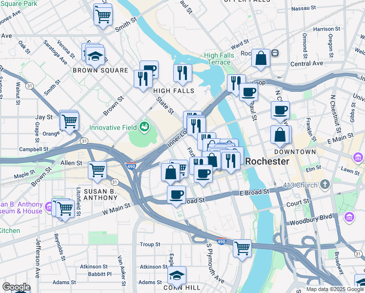 map of restaurants, bars, coffee shops, grocery stores, and more near 121 Fitzhugh Street North in Rochester