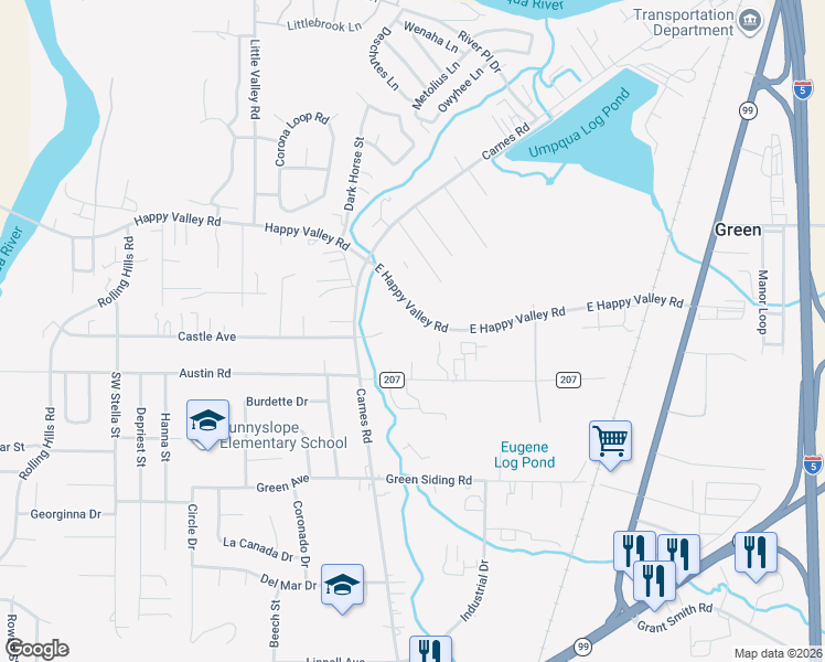 map of restaurants, bars, coffee shops, grocery stores, and more near 679 E Happy Valley Rd in Roseburg