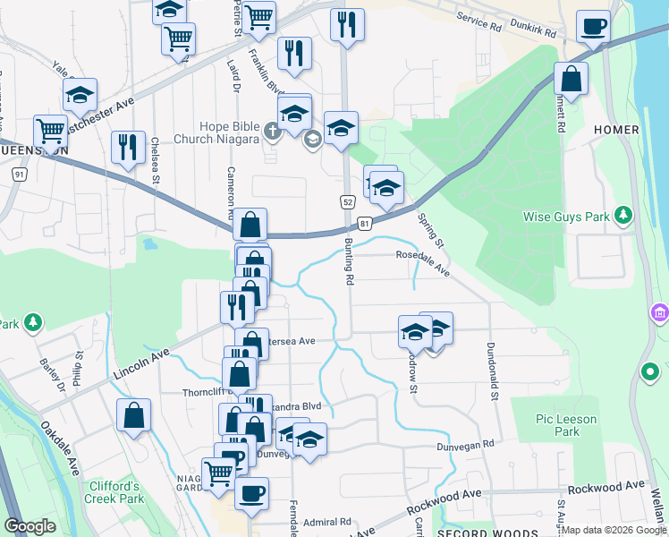 map of restaurants, bars, coffee shops, grocery stores, and more near in St. Catharines